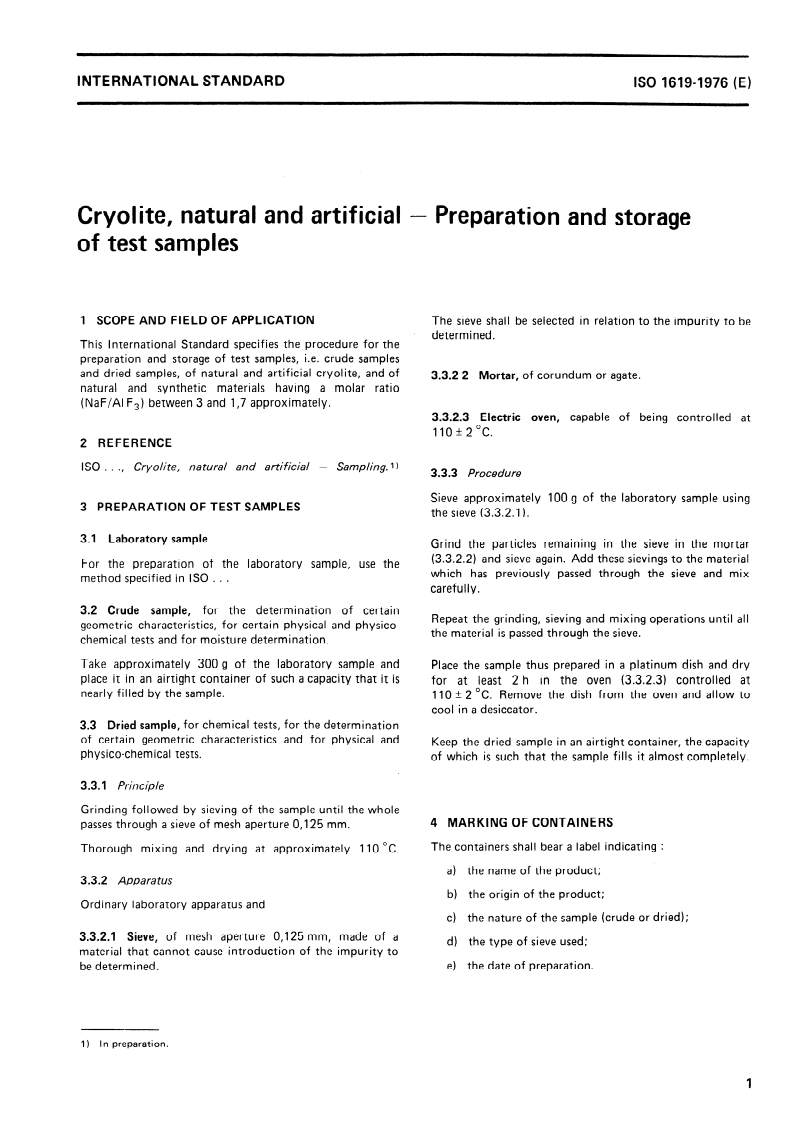ISO 1619:1976 ISO 1619:1976 - Cryolite, natural and artificial — Preparation and storage of test samples/1/1976 - Page 3 preview