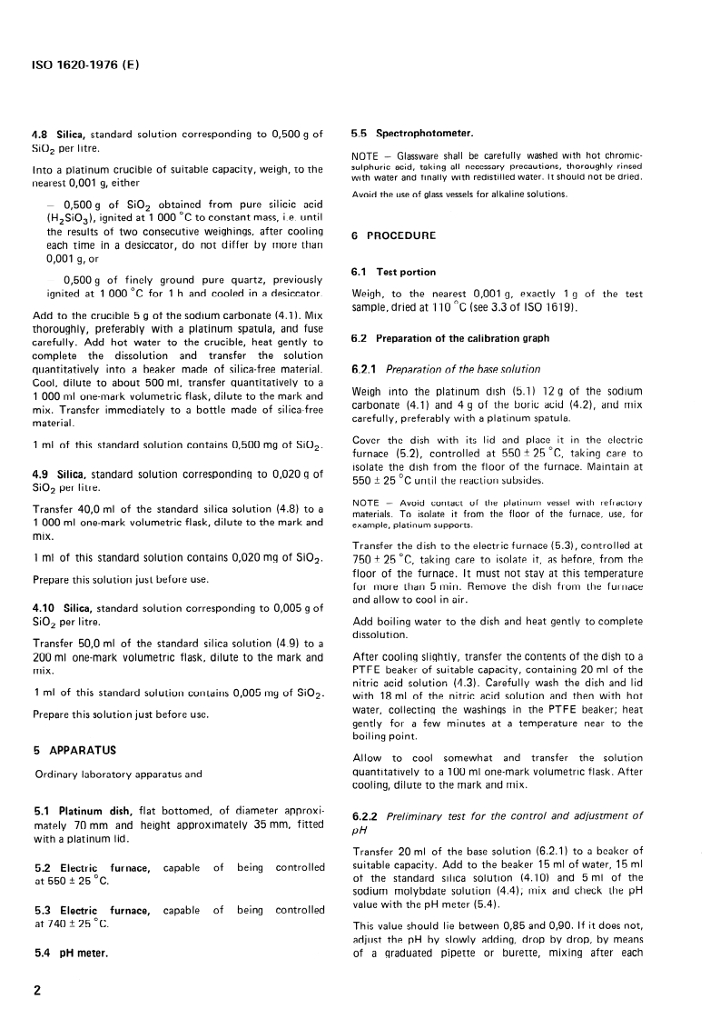 ISO 1620:1976 ISO 1620:1976 - Cryolite, natural and artificial — Determination of silica content — Reduced molybdosilicate spectrophotometric method/1/1976 - Page 4 preview