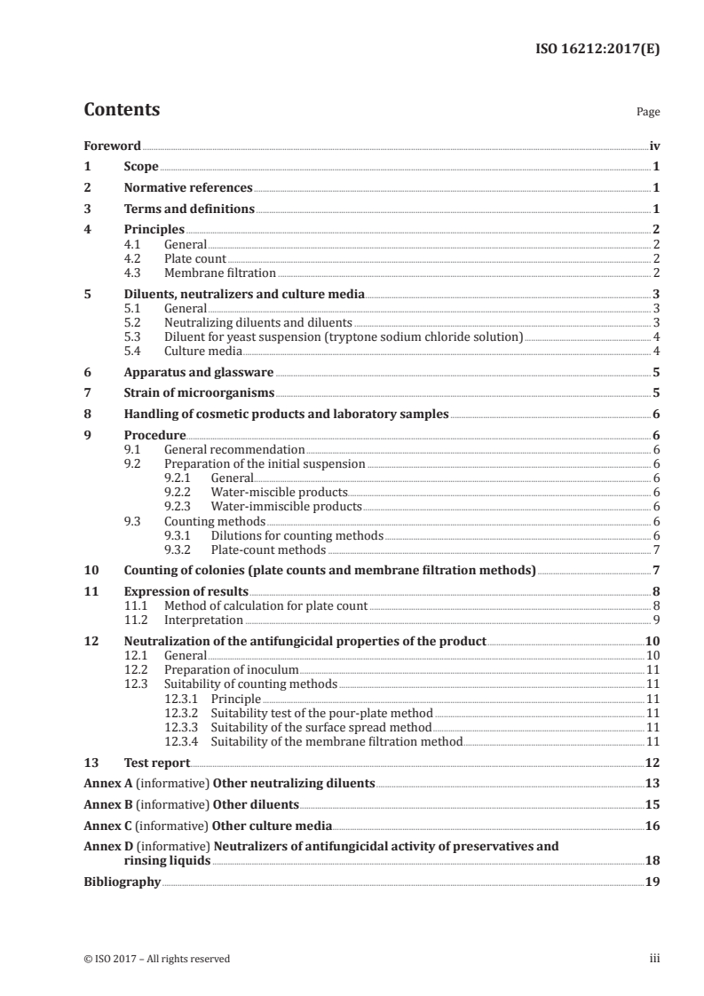 ISO 16212:2017 ISO 16212:2017 - Cosmetics — Microbiology — Enumeration of yeast and mould/14/2017 - Page 3 preview