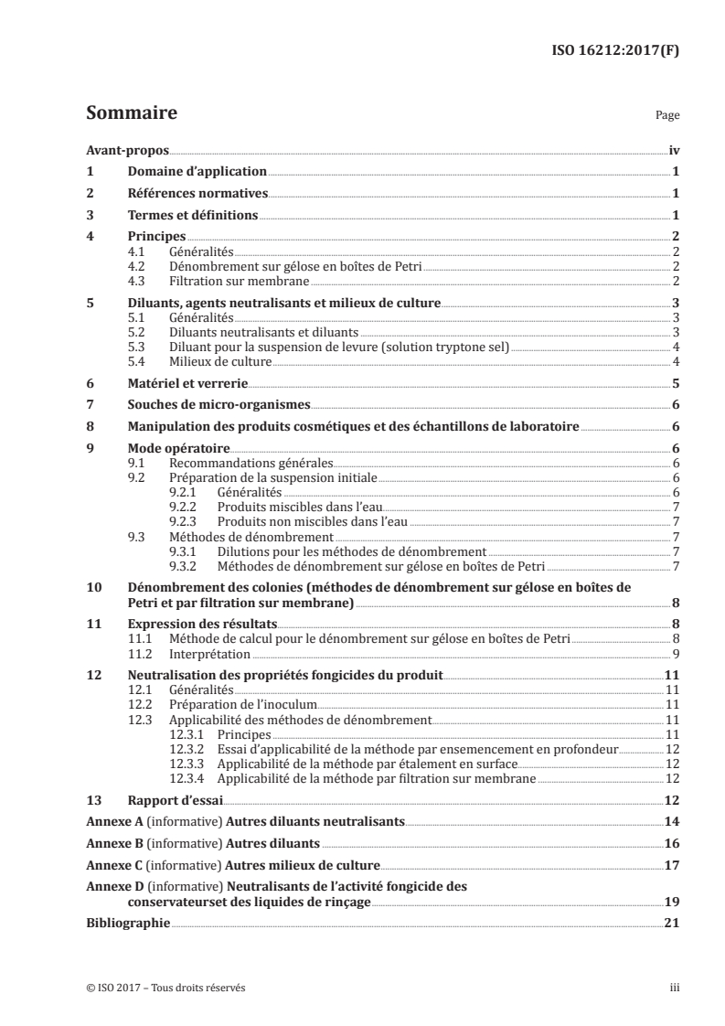 ISO 16212:2017 ISO 16212:2017 - Cosmétiques — Microbiologie — Dénombrement des levures et des moisissures/14/2017 - Page 3 preview