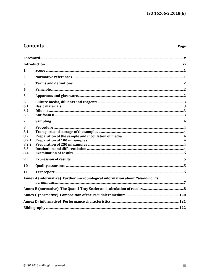ISO 16266-2:2018 ISO 16266-2:2018 - Water quality — Detection and enumeration of Pseudomonas aeruginosa — Part 2: Most probable number method/19/2018 - Page 3 preview