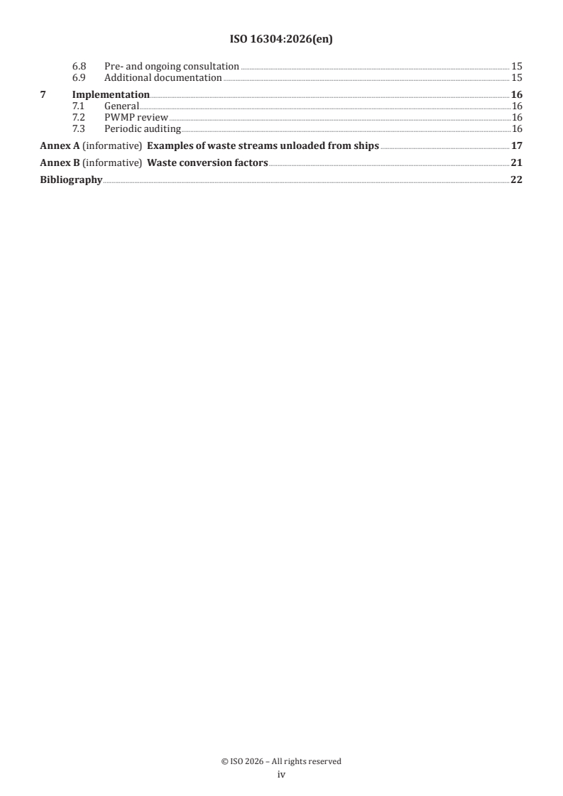 ISO 16304:2026 ISO 16304:2026 - Ships and marine technology — Marine environment protection — Arrangement and management of port waste reception facilities - Page 4 preview