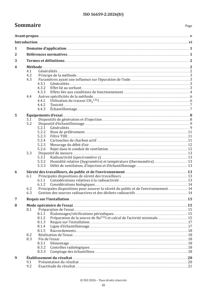 ISO 16659-2:2026 ISO 16659-2:2026 - Systèmes de ventilation pour les installations nucléaires — Méthodes d’essai in situ de l’efficacité des pièges à iode à sorbant solide — Partie 2: Méthode au CH3I radioactif - Page 3 preview