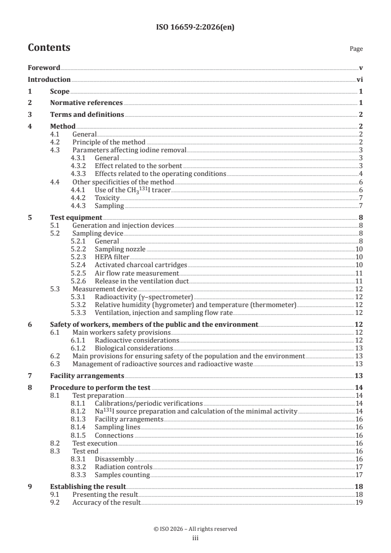 ISO 16659-2:2026 ISO 16659-2:2026 - Ventilation systems for nuclear facilities — In-situ efficiency test methods for iodine traps with solid sorbent — Part 2: Radioactive CH3I method - Page 3 preview