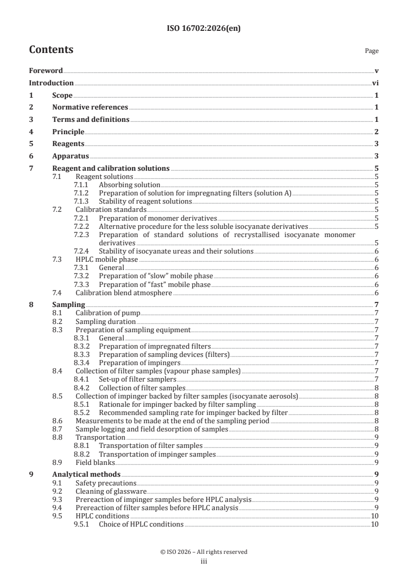 ISO 16702:2026 ISO 16702:2026 - Workplace air — Determination of total organic isocyanate groups in air using 1-(2-methoxyphenyl)piperazine and liquid chromatography - Page 3 preview