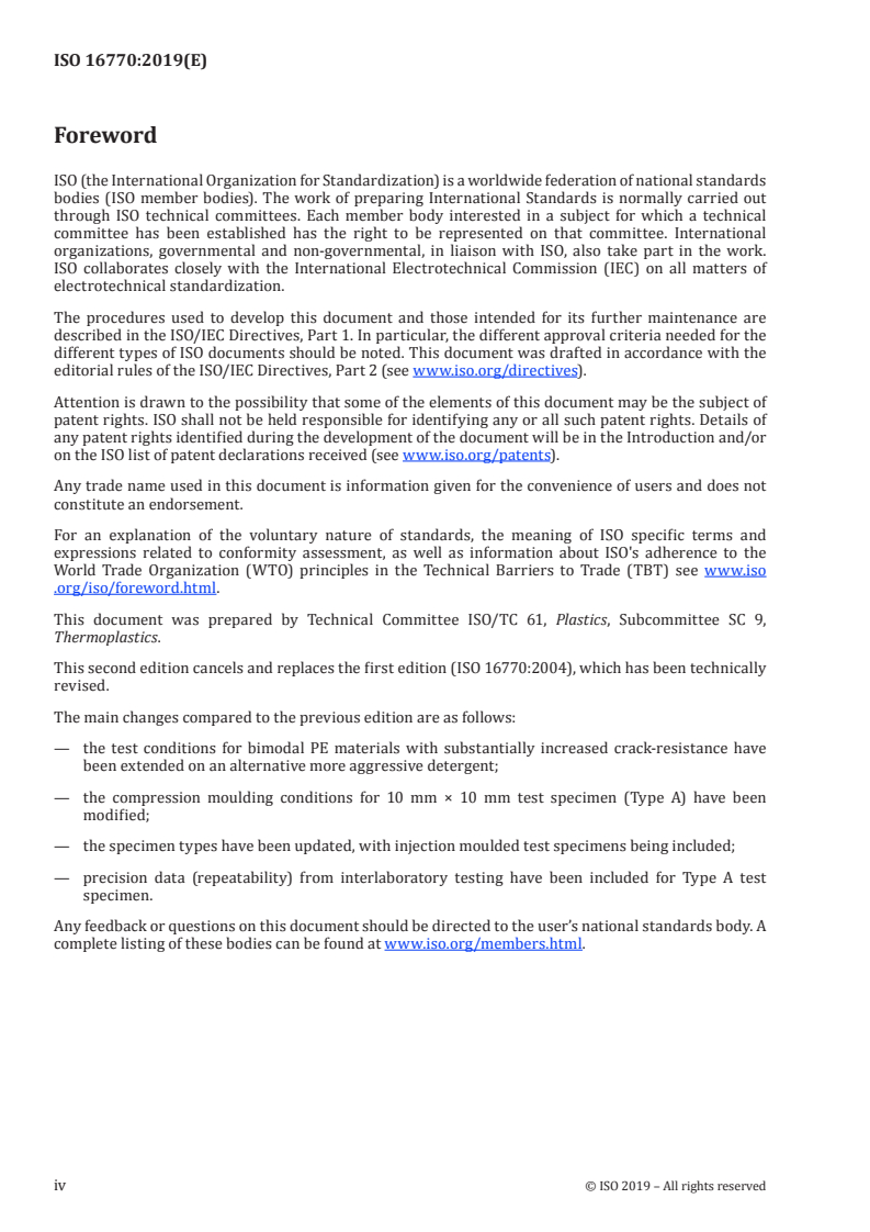 ISO 16770:2019 ISO 16770:2019 - Plastics — Determination of environmental stress cracking (ESC) of polyethylene — Full-notch creep test (FNCT)/25/2019 - Page 4 preview