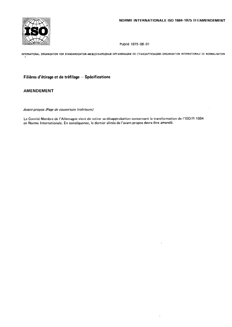 ISO 1684:1975 ISO 1684:1975 - Filières d'étirage et de tréfilage — Spécifications/1/1975 - Page 1 preview