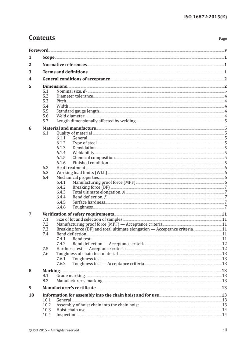 ISO 16872:2015 ISO 16872:2015 - Round steel short link chains for lifting purposes — Fine tolerance hoist chains for hand operated chain hoists — Grade VH/8/2015 - Page 3 preview