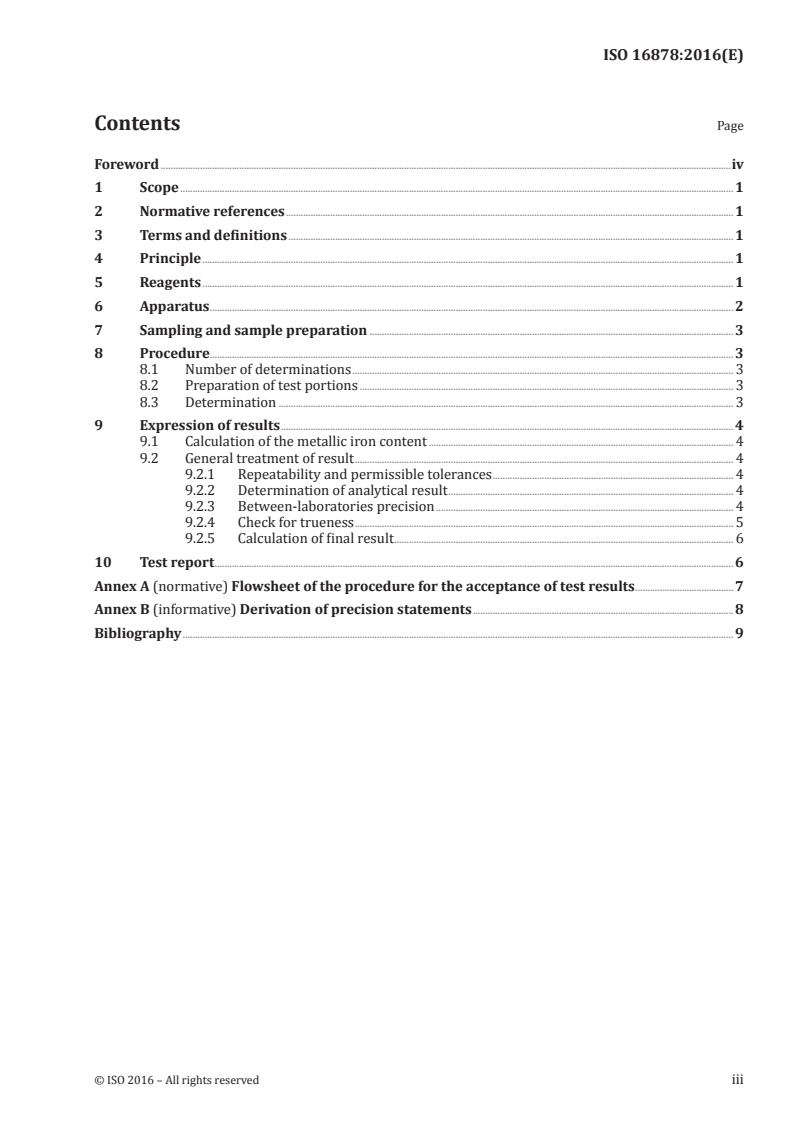 ISO 16878:2016 ISO 16878:2016 - Iron ores — Determination of metallic iron content — Iron(III) chloride titrimetric method/30/2016 - Page 3 preview
