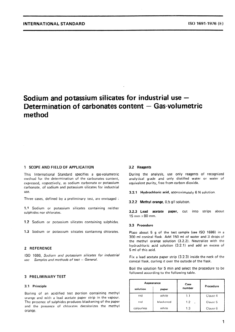 ISO 1691:1976 ISO 1691:1976 - Sodium and potassium silicates for industrial use — Determination of carbonates content — Gas-volumetric method/1/1976 - Page 3 preview