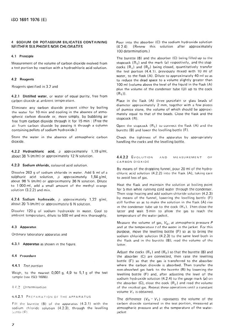 ISO 1691:1976 ISO 1691:1976 - Sodium and potassium silicates for industrial use — Determination of carbonates content — Gas-volumetric method/1/1976 - Page 4 preview
