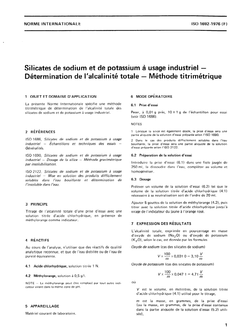 ISO 1692:1976 ISO 1692:1976 - Silicates de sodium et de potassium à usage industriel — Détermination de l'alcalinité totale — Méthode titrimétrique/1/1976 - Page 3 preview