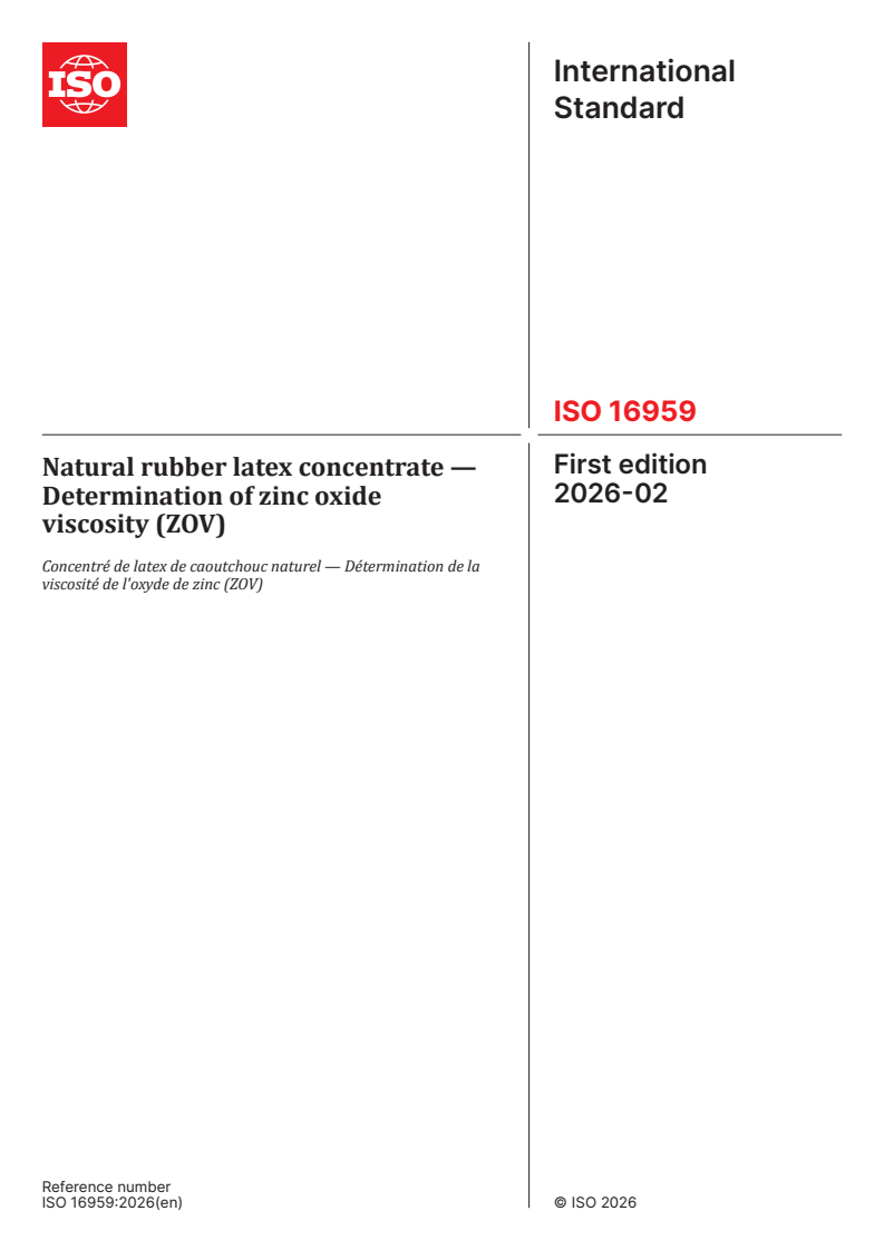 ISO 16959:2026 ISO 16959:2026 - Natural rubber latex concentrate — Determination of zinc oxide viscosity (ZOV) - Page 1 preview