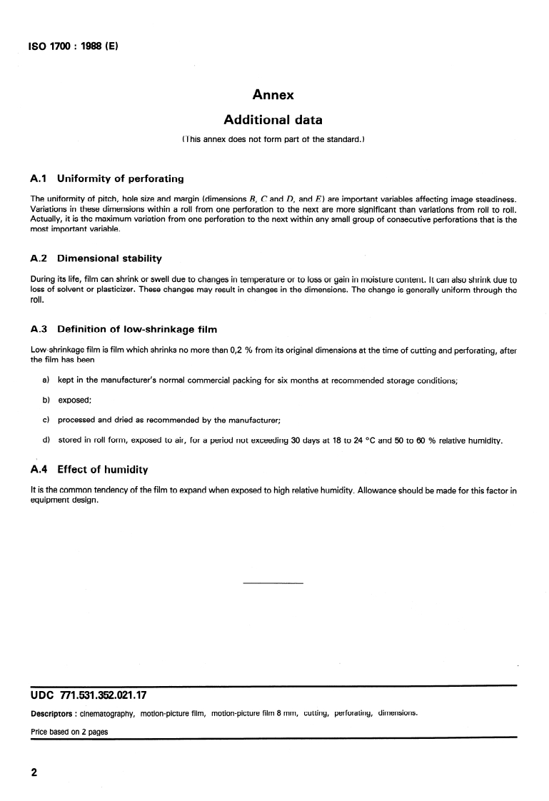 ISO 1700:1988 ISO 1700:1988 - Cinematography — 8 mm Type S motion-picture raw stock film — Cutting and perforating dimensions/13/1988 - Page 4 preview