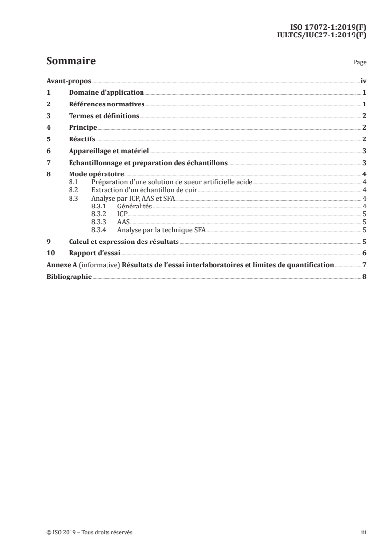 ISO 17072-1:2019 ISO 17072-1:2019 - Cuir — Détermination chimique de la teneur en métal — Partie 1: Métaux extractibles/28/2019 - Page 3 preview