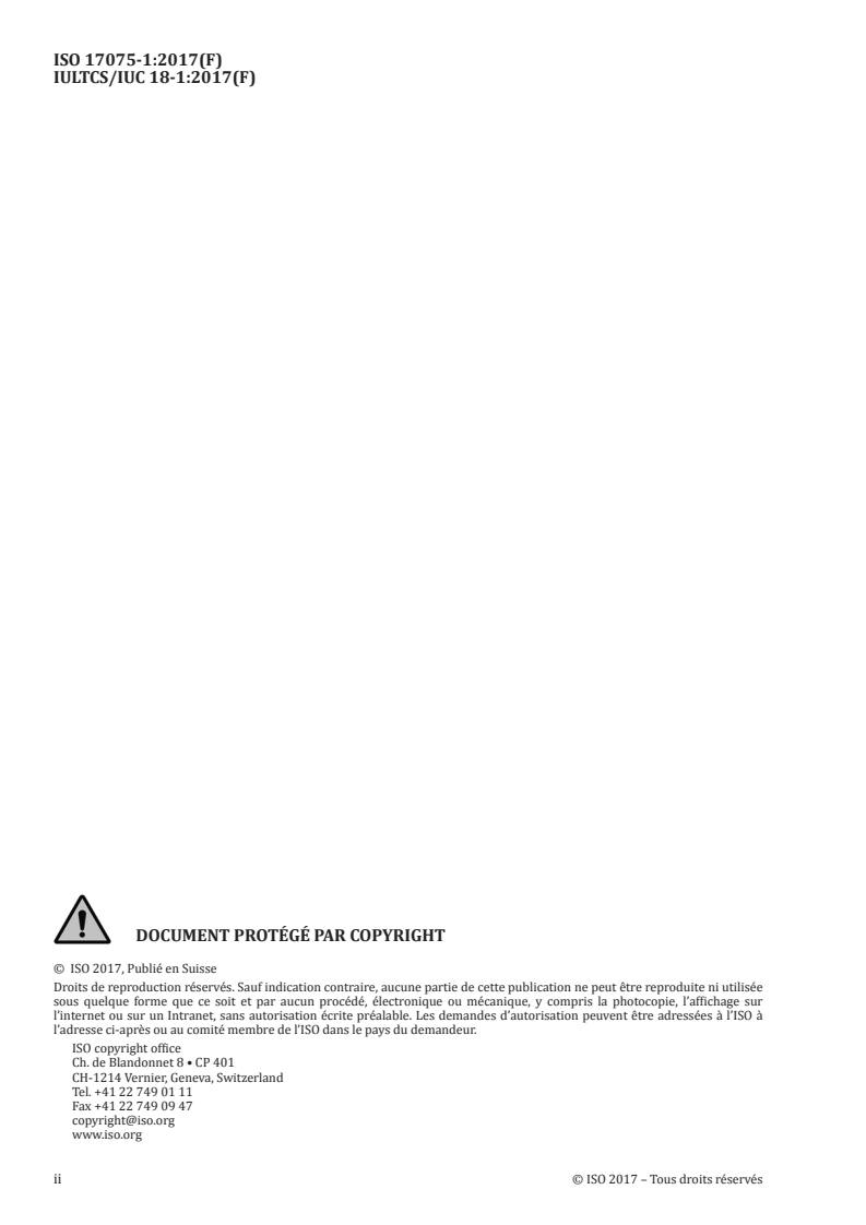 ISO 17075-1:2017 ISO 17075-1:2017 - Cuir — Détermination chimique de la teneur en chrome(VI) du cuir — Partie 1: Méthode colorimétrique/2/2017 - Page 2 preview