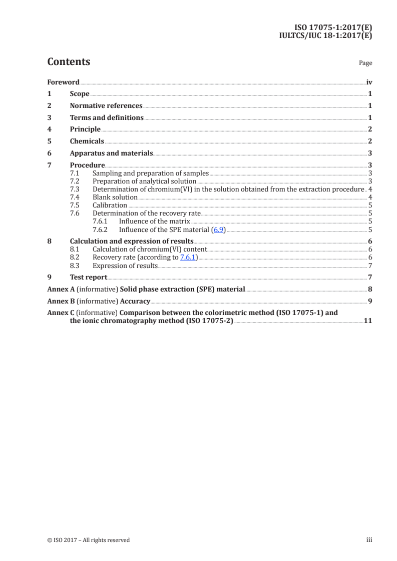 ISO 17075-1:2017 ISO 17075-1:2017 - Leather — Chemical determination of chromium(VI) content in leather — Part 1: Colorimetric method/2/2017 - Page 3 preview