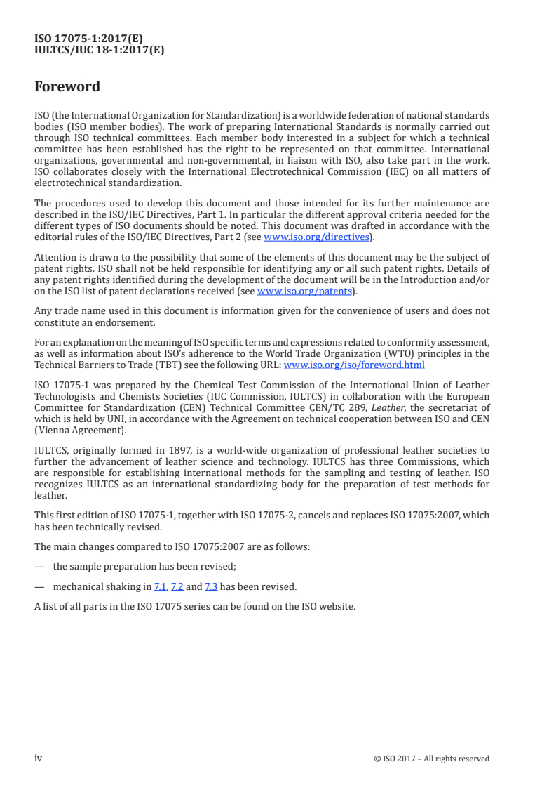 ISO 17075-1:2017 ISO 17075-1:2017 - Leather — Chemical determination of chromium(VI) content in leather — Part 1: Colorimetric method/2/2017 - Page 4 preview