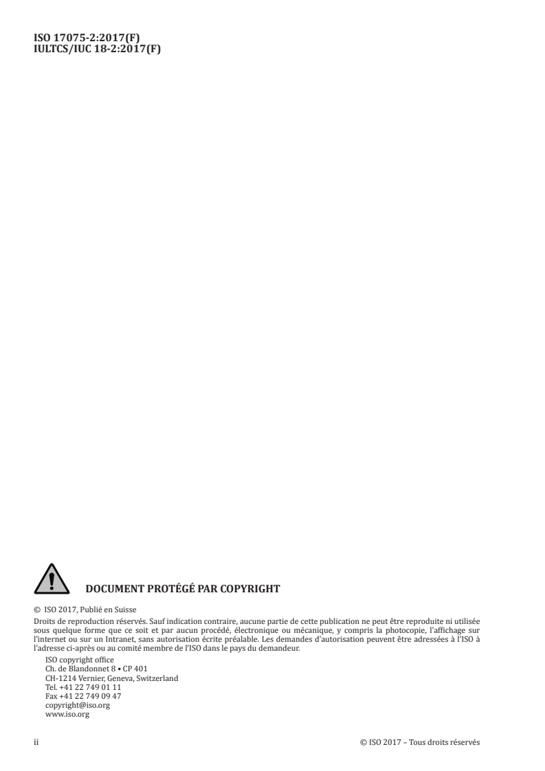 ISO 17075-2:2017 ISO 17075-2:2017 - Cuir — Détermination chimique de la teneur en chrome(VI) du cuir — Partie 2: Méthode chromatographique/6/2017 - Page 2 preview