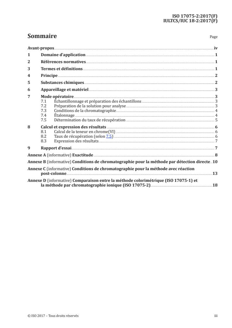 ISO 17075-2:2017 ISO 17075-2:2017 - Cuir — Détermination chimique de la teneur en chrome(VI) du cuir — Partie 2: Méthode chromatographique/6/2017 - Page 3 preview