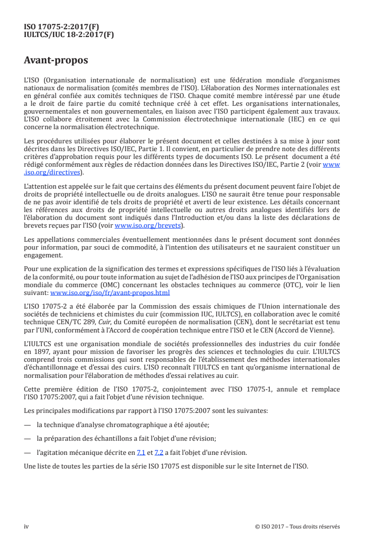 ISO 17075-2:2017 ISO 17075-2:2017 - Cuir — Détermination chimique de la teneur en chrome(VI) du cuir — Partie 2: Méthode chromatographique/6/2017 - Page 4 preview