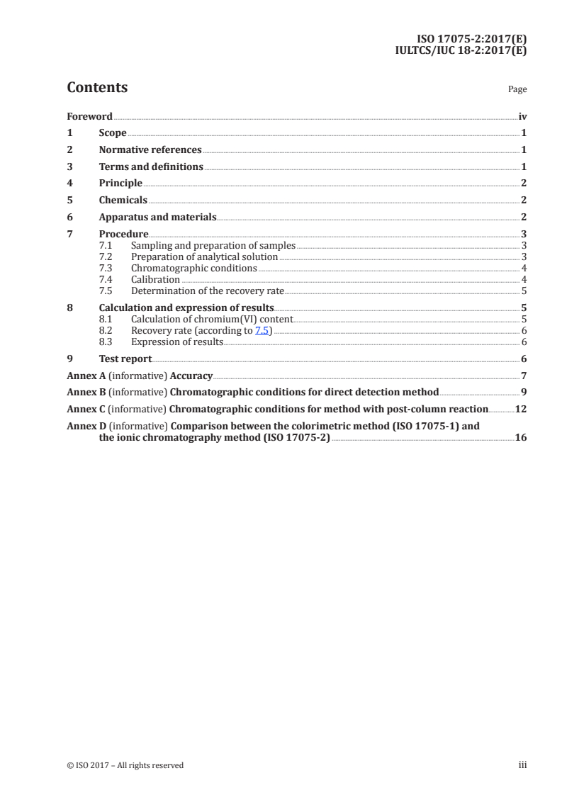ISO 17075-2:2017 ISO 17075-2:2017 - Leather — Chemical determination of chromium(VI) content in leather — Part 2: Chromatographic method/6/2017 - Page 3 preview