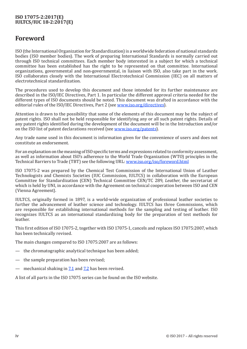 ISO 17075-2:2017 ISO 17075-2:2017 - Leather — Chemical determination of chromium(VI) content in leather — Part 2: Chromatographic method/6/2017 - Page 4 preview