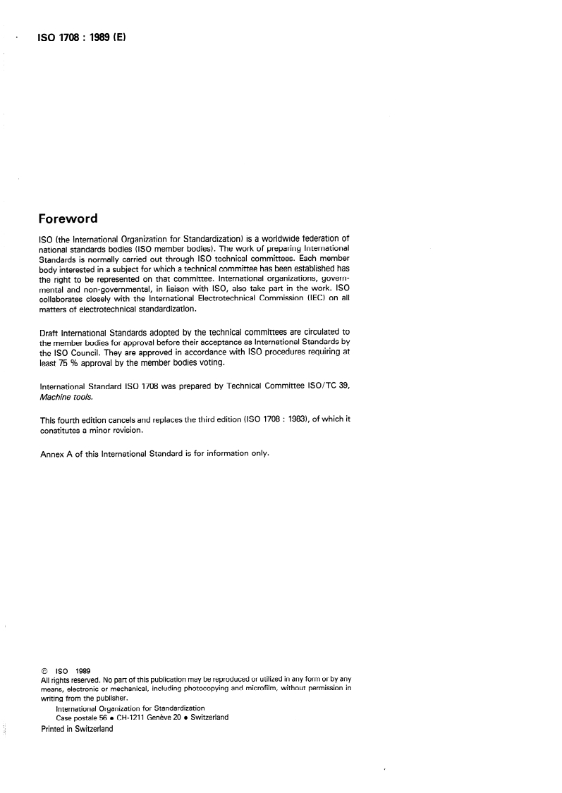 ISO 1708:1989 ISO 1708:1989 - Acceptance conditions for general purpose parallel lathes — Testing of the accuracy/19/1989 - Page 2 preview