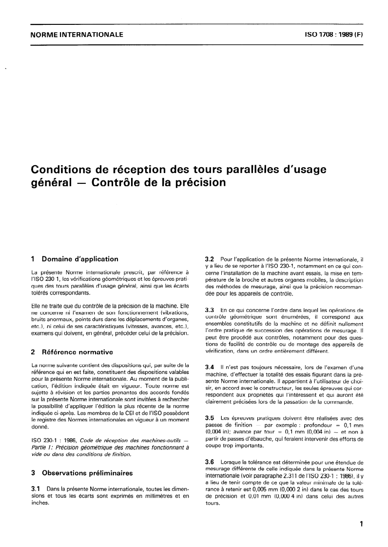 ISO 1708:1989 ISO 1708:1989 - Conditions de réception des tours parallèles d'usage général — Contrôle de la précision/19/1989 - Page 3 preview