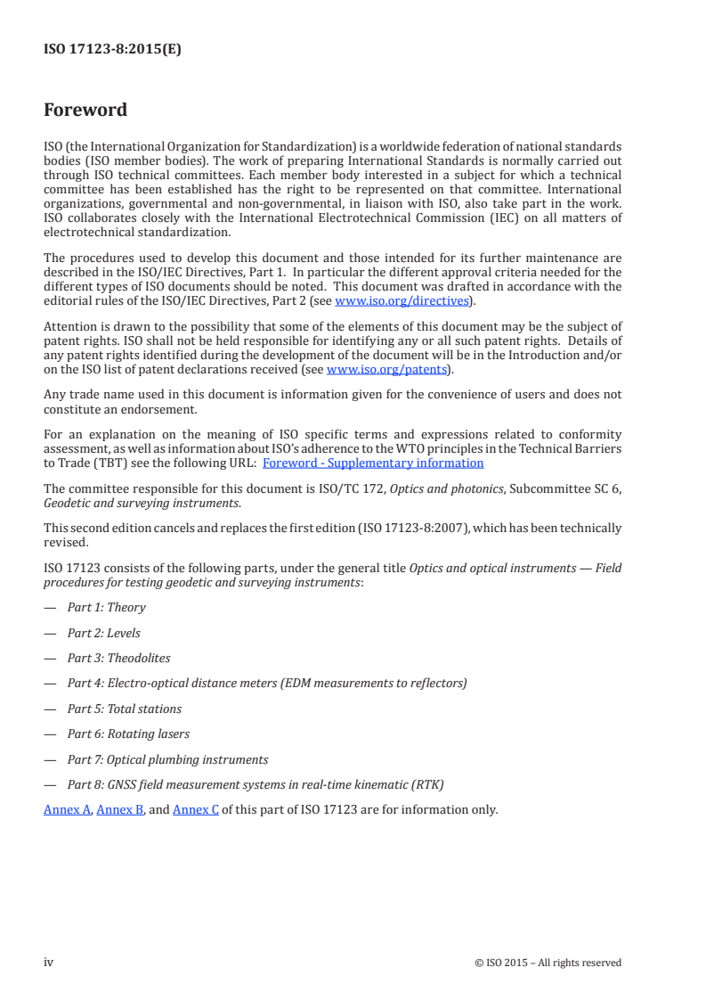 ISO 17123-8:2015 ISO 17123-8:2015 - Optics and optical instruments — Field procedures for testing geodetic and surveying instruments — Part 8: GNSS field measurement systems in real-time kinematic (RTK)/9/2015 - Page 4 preview
