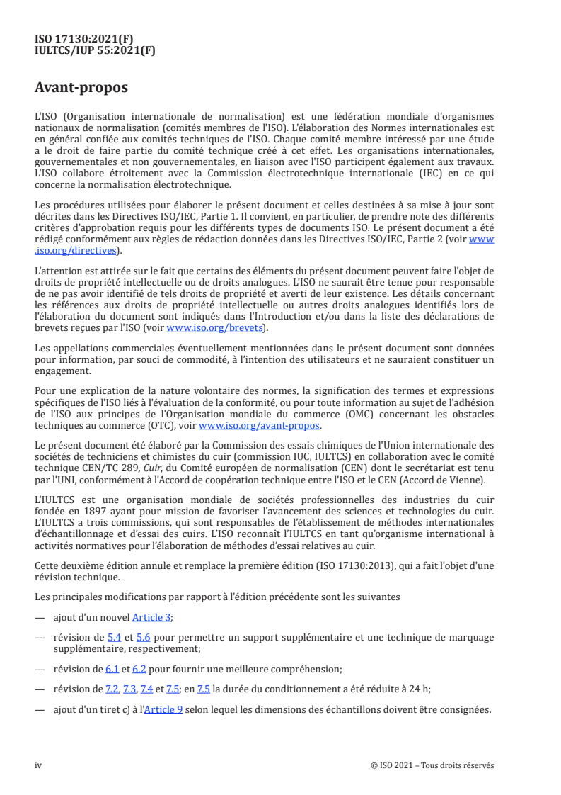 ISO 17130:2021 ISO 17130:2021 - Cuir — Essais physiques et mécaniques — Détermination des variations dimensionnelles
Released:2/22/2021 - Page 4 preview