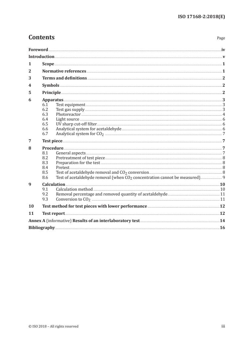 ISO 17168-2:2018 ISO 17168-2:2018 - Fine ceramics (advanced ceramics, advanced technical ceramics) — Test method for air-purification performance of semiconducting photocatalytic materials under indoor lighting environment — Part 2: Removal of acetaldehyde/19/2018 - Page 3 preview
