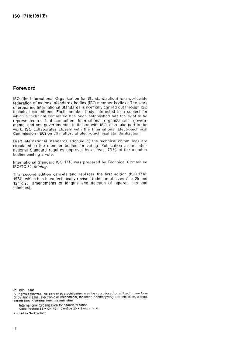 SIST ISO 1718:1997 ISO 1718:1991 - Rock drilling equipment — Drill rods with tapered connection for percussive drilling/17/1991 - Page 2 preview