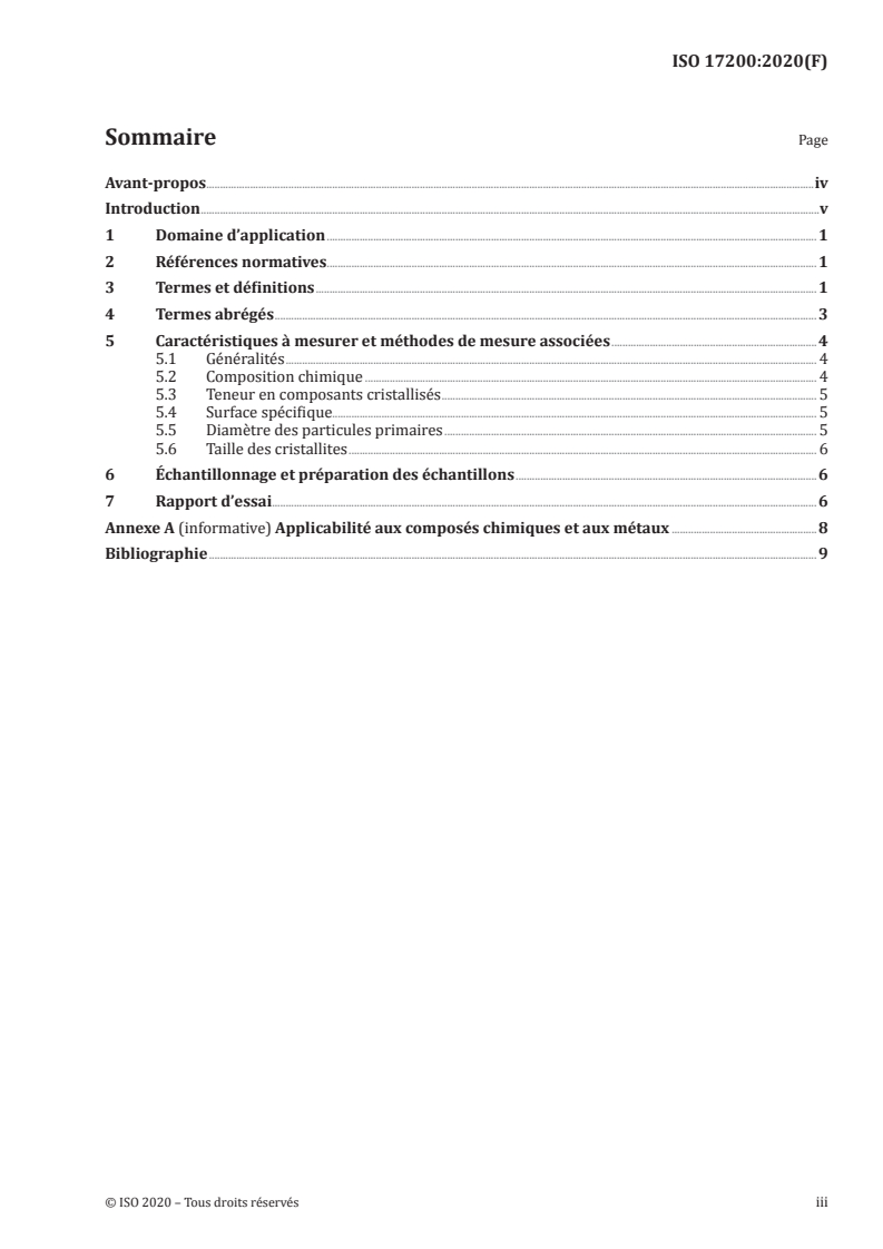 ISO 17200:2020 ISO 17200:2020 - Nanotechnologies — Nanoparticules sous forme de poudre — Caractéristiques et mesurages/3/2020 - Page 3 preview