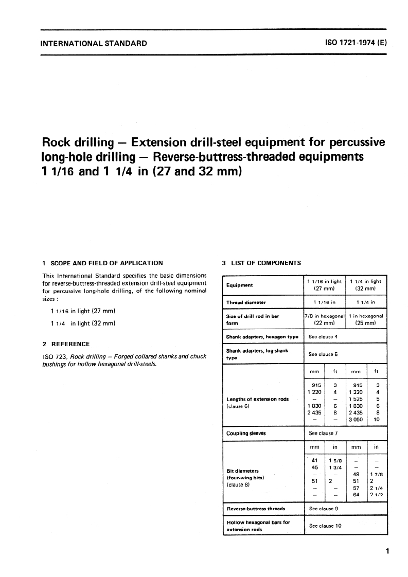 SIST ISO 1721:1997 ISO 1721:1974 - Rock drilling — Extension drill-steel equipment for percussive long-hole drilling — Reverse-buttress-threaded equipments 1 1/16 and 1 1/4 in (27 and 32 mm)/1/1974 - Page 3 preview