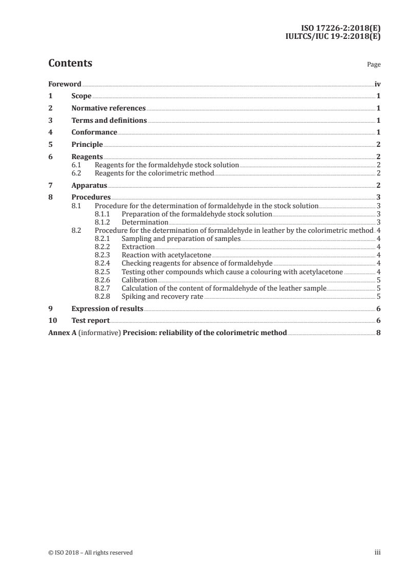 ISO 17226-2:2018 ISO 17226-2:2018 - Leather — Chemical determination of formaldehyde content — Part 2: Method using colorimetric analysis/21/2018 - Page 3 preview