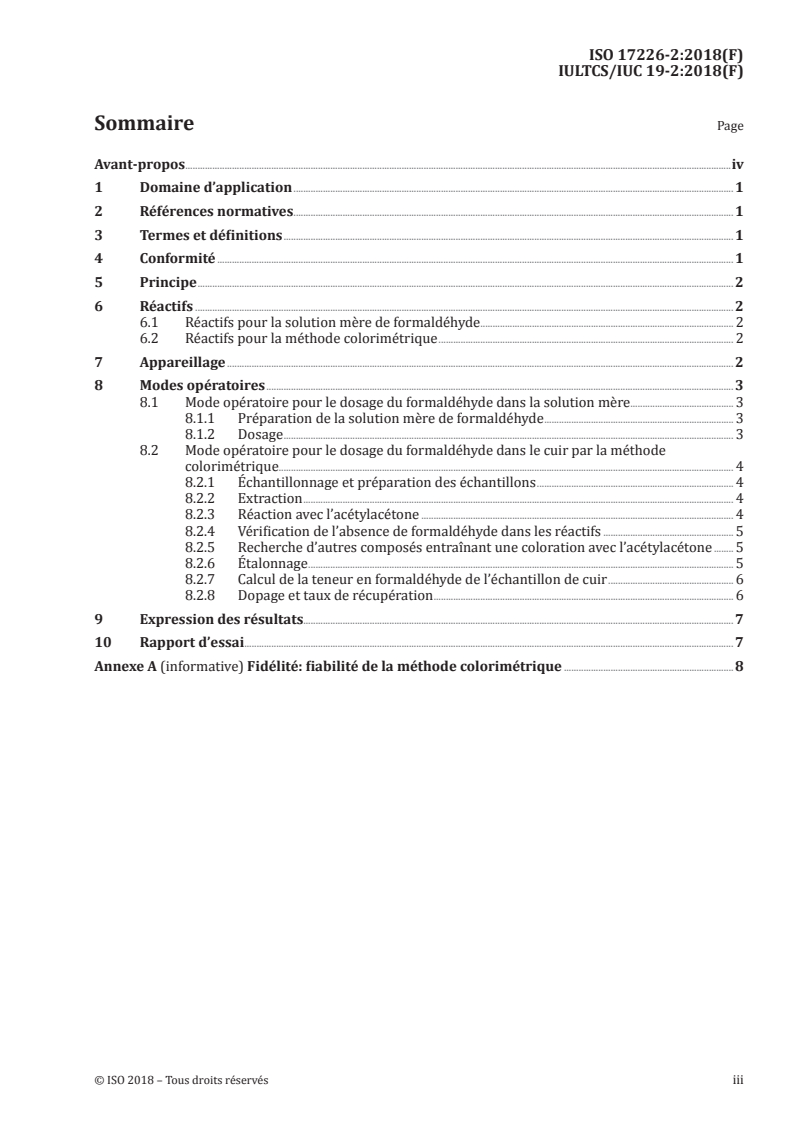 ISO 17226-2:2018 ISO 17226-2:2018 - Cuir — Dosage chimique du formaldéhyde — Partie 2: Méthode par analyse colorimétrique/21/2018 - Page 3 preview