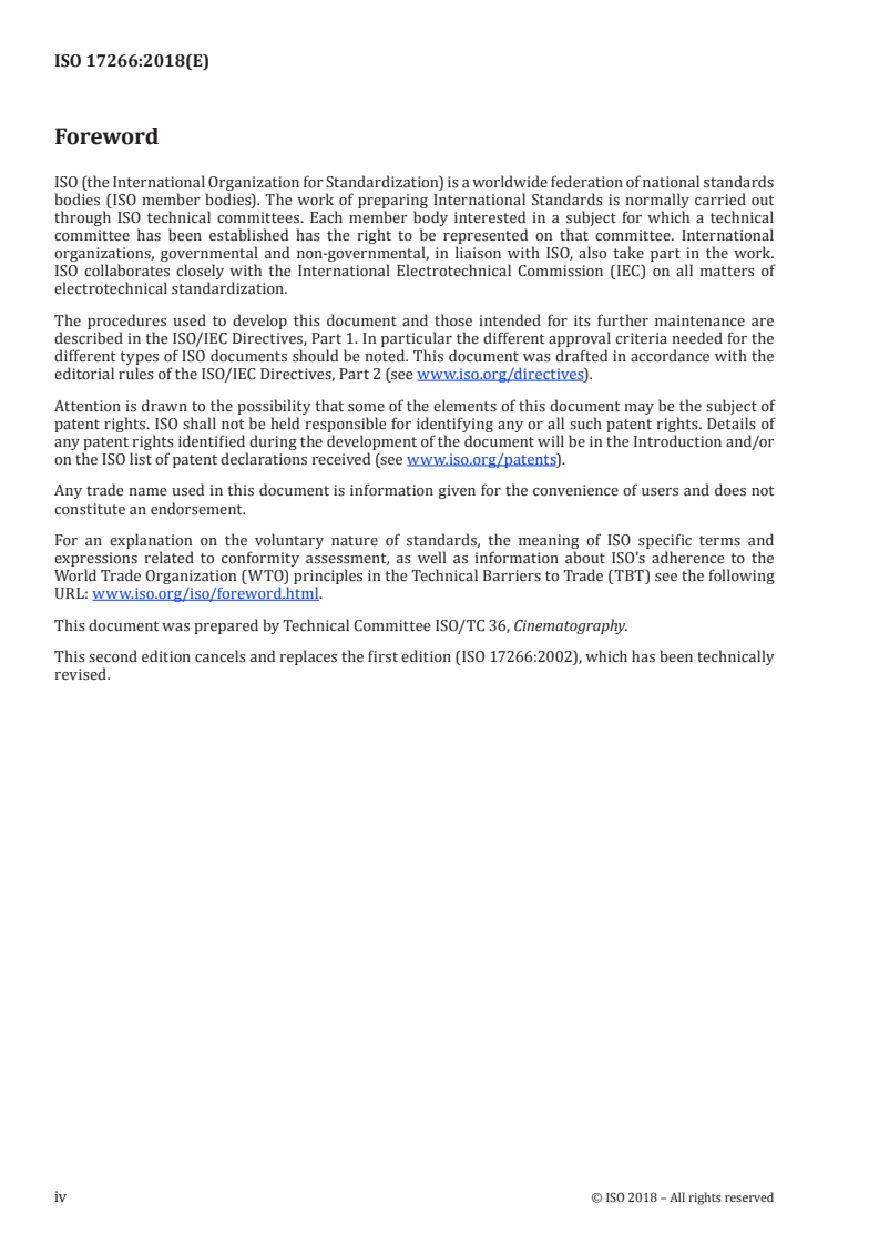 ISO 17266:2018 ISO 17266:2018 - Cinematography — Multichannel analogue and digital photographic sound and control records on 35 mm motion-picture prints and negatives, and digital sound-control records on 70 mm motion-picture prints and negatives — Position and width dimensions/9/2018 - Page 4 preview