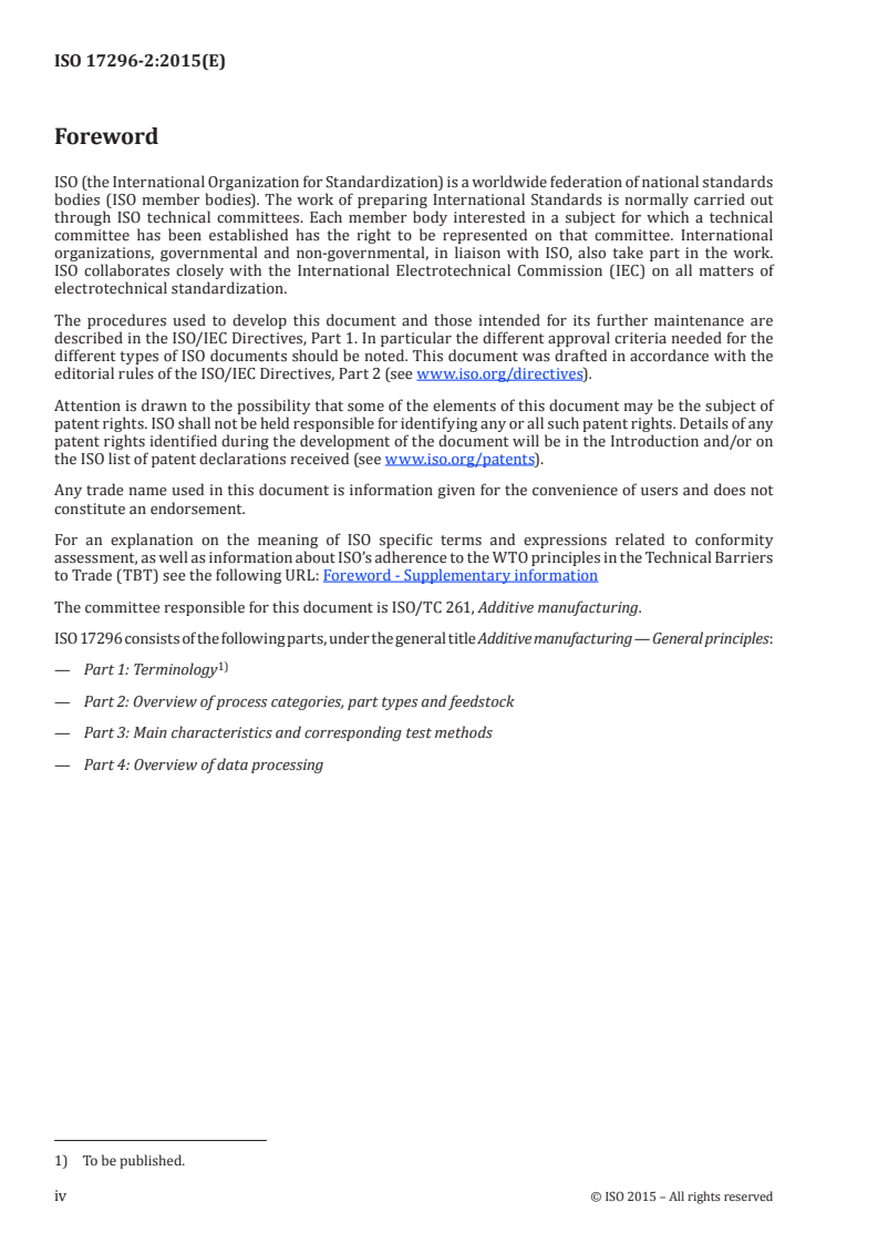 ISO 17296-2:2015 ISO 17296-2:2015 - Additive manufacturing — General principles — Part 2: Overview of process categories and feedstock/30/2015 - Page 4 preview