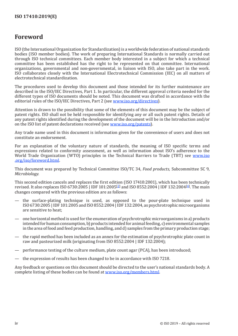 ISO 17410:2019 ISO 17410:2019 - Microbiology of the food chain — Horizontal method for the enumeration of psychrotrophic microorganisms/25/2019 - Page 4 preview