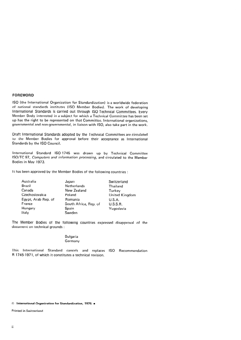 ISO 1745:1975 ISO 1745:1975 - Information processing — Basic mode control procedures for data communication systems/1/1975 - Page 2 preview