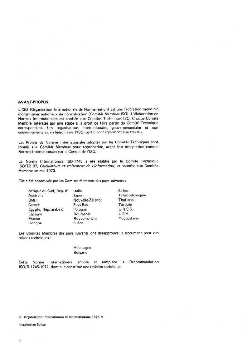 ISO 1745:1975 ISO 1745:1975 - Traitement de l'information — Procédures de commande pour transmission de données en mode de base/1/1975 - Page 2 preview