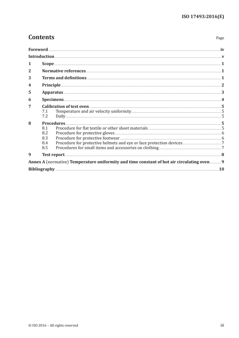 ISO 17493:2016 ISO 17493:2016 - Clothing and equipment for protection against heat — Test method for convective heat resistance using a hot air circulating oven/6/2016 - Page 3 preview