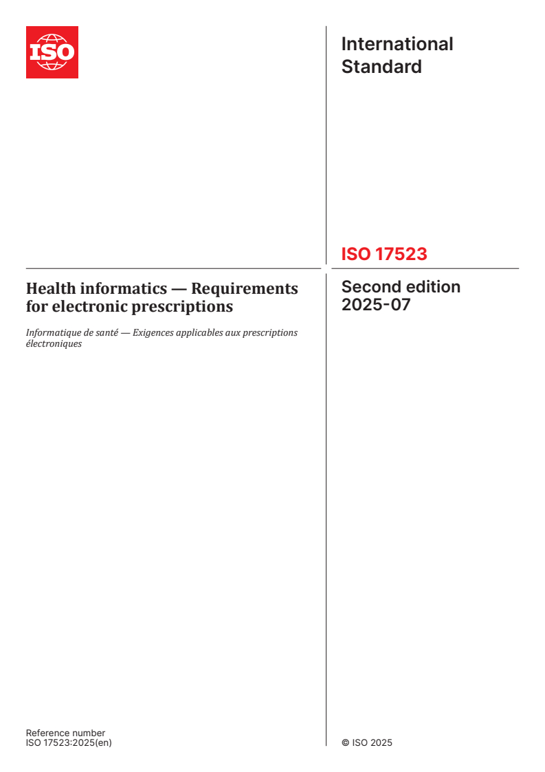 ISO 17523:2025 - Health informatics — Requirements for electronic prescriptions
Released:25. 07. 2025