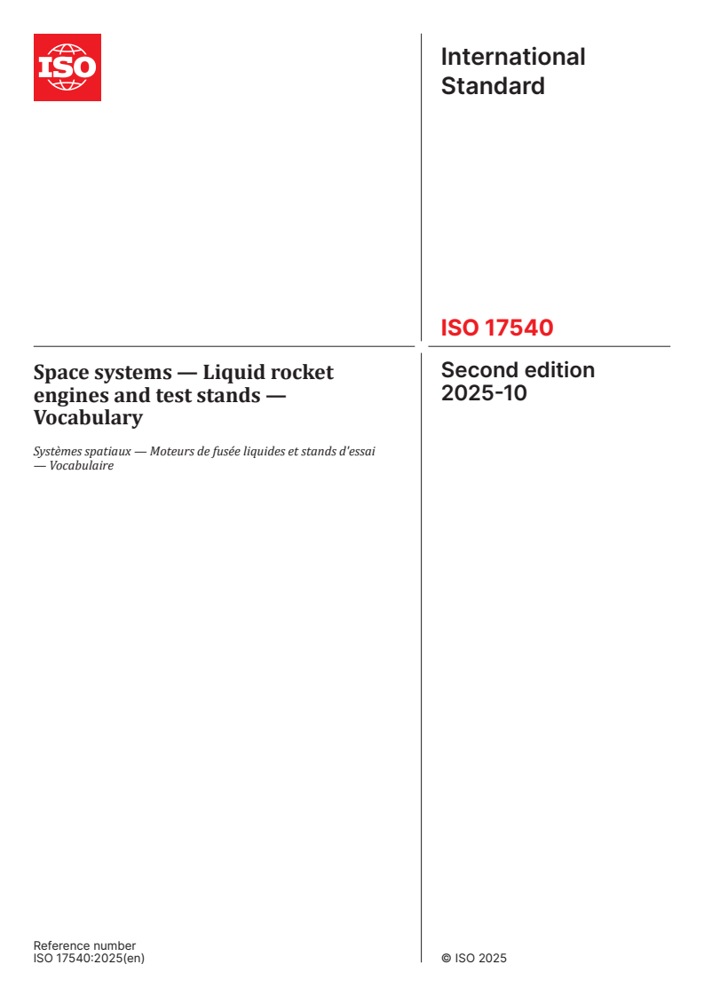 ISO 17540:2025 - Space systems — Liquid rocket engines and test stands — Vocabulary
Released:10/9/2025