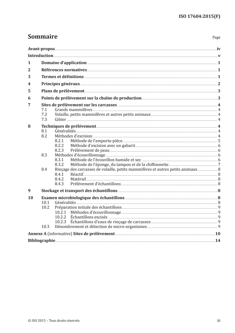 ISO 17604:2015 ISO 17604:2015 - Microbiologie de la chaîne alimentaire — Prélèvement d'échantillons sur des carcasses en vue de leur analyse microbiologique/19/2015 - Page 3 preview