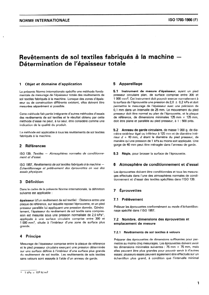 ISO 1765:1986 ISO 1765:1986 - Revêtements de sol textiles fabriqués à la machine — Détermination de l'épaisseur totale/6/1986 - Page 3 preview