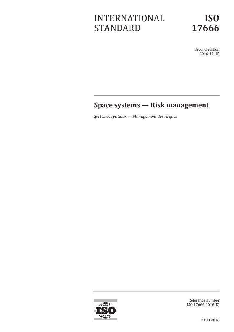ISO 17666:2016 ISO 17666:2016 - Space systems — Risk management/14/2016 - Page 1 preview