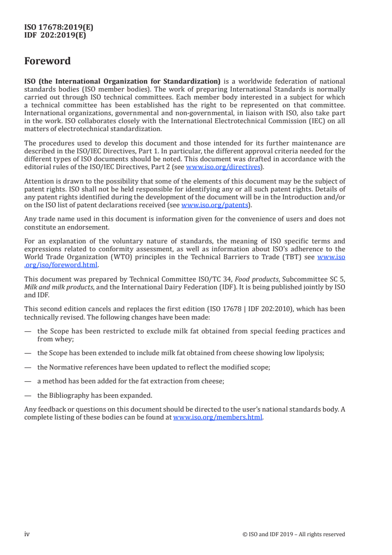 ISO 17678:2019 ISO 17678:2019 - Milk and milk products — Determination of milk fat purity by gas chromatographic analysis of triglycerides/28/2019 - Page 4 preview