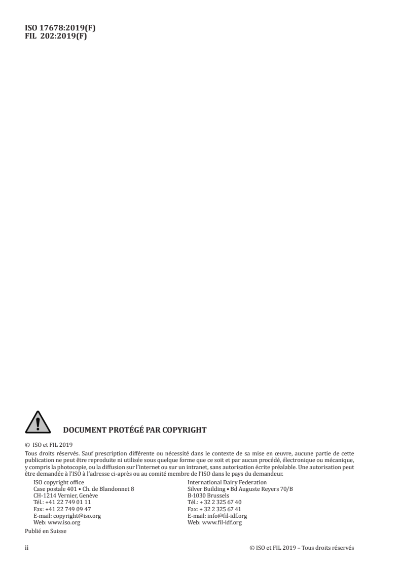 ISO 17678:2019 ISO 17678:2019 - Lait et produits laitiers — Détermination de la pureté des matières grasses laitières par analyse chromatographique en phase gazeuse des triglycérides/17/2019 - Page 2 preview